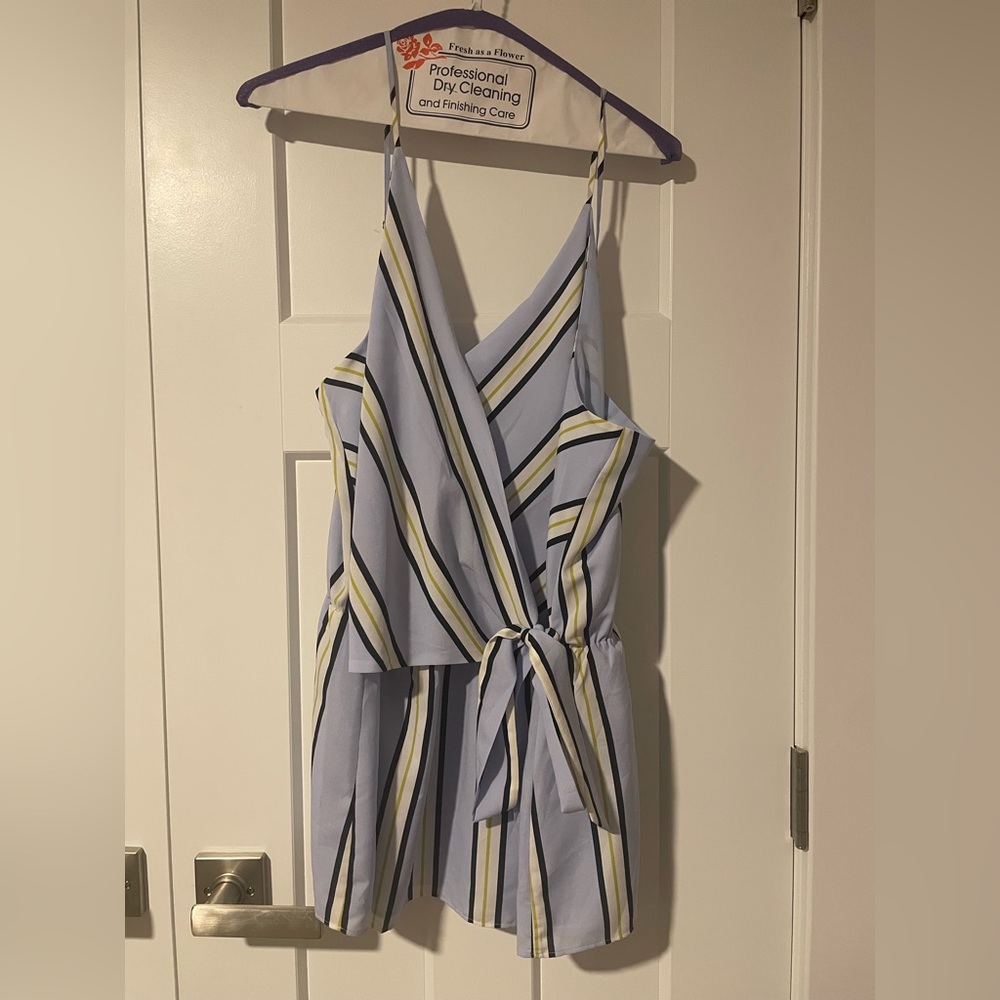 Banana Republic Striped Wrap Tank Blouse - Light Blue, White and Green/Yellow